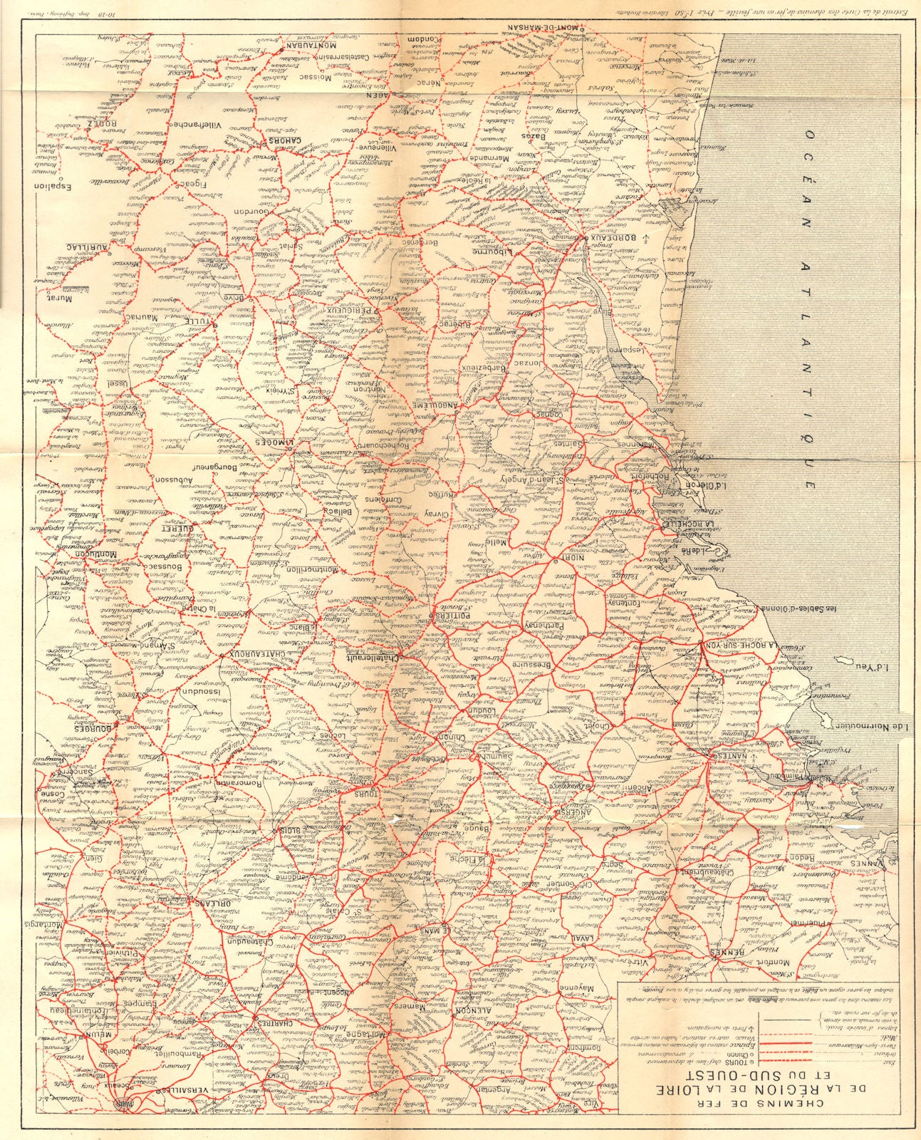 FRANCE. Chemins de fer de la Région de la Loire et du Sud- Ouest 1922 old map